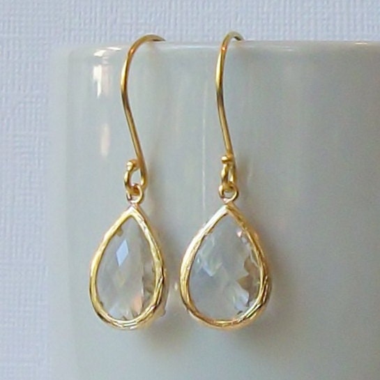 Clear Crystal Gold Earrings, Crystal Clear Drop Earrings