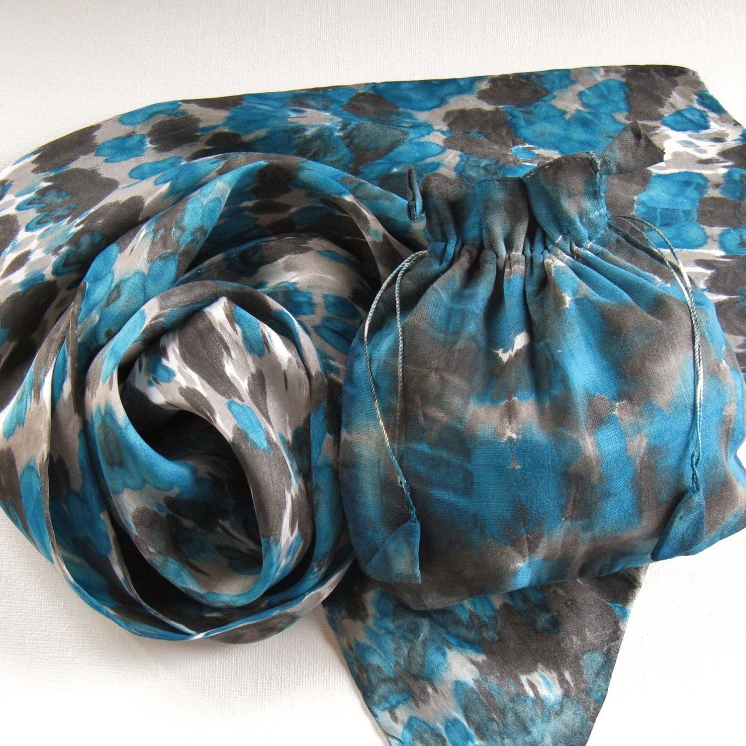 Silk Scarf Gift Set - Hand Painted Ladies Skinny Scarves Belt Jewelry Pouch Bag Teal Blue Turquoise Black Gray Grey Tie Dye