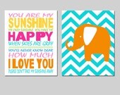 Modern Nursery Art Prints - Set of Two 8x10 Prints - You Are My Sunshine, Chevron Elephant - Kids Wall Art - Choose Your Colors