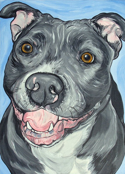 BLUE PIT BULL dog art print gray blue bright colors 5x7
