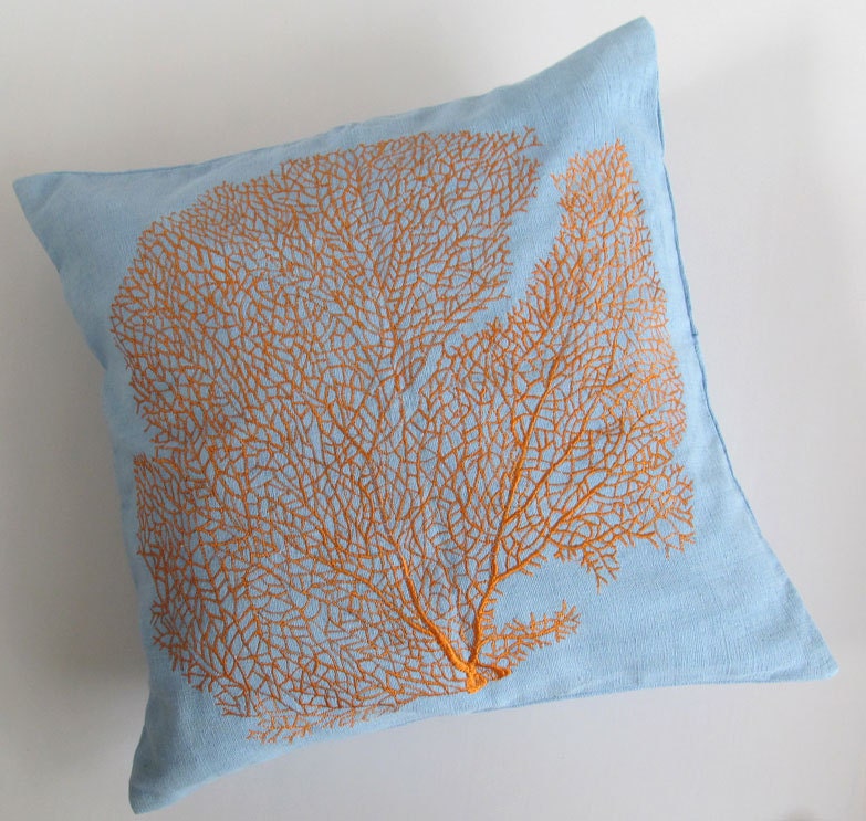 orange coral on blue throw pillow custom made - customization options - color