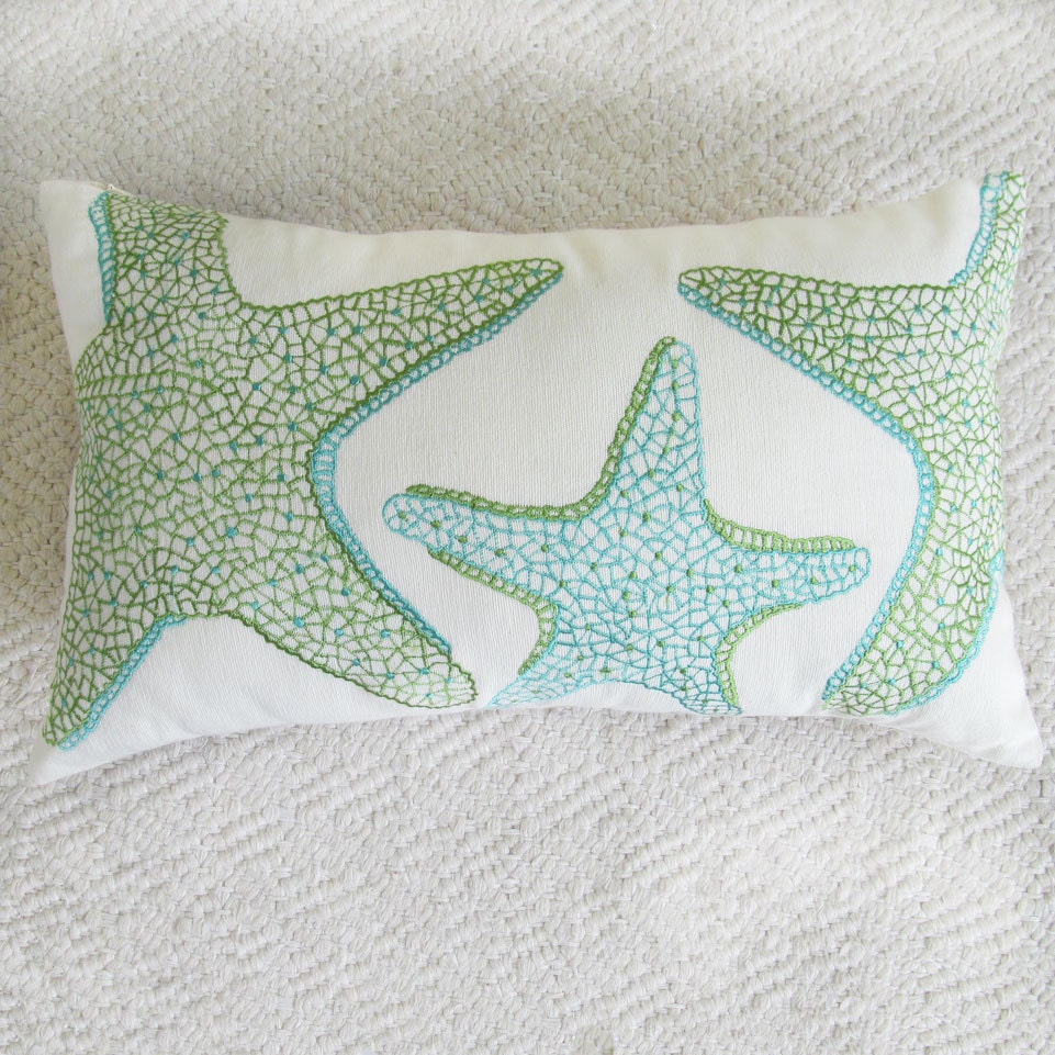 starfish pillow cover in aqua blue and green custom made 12x20 inch sea themed pillow