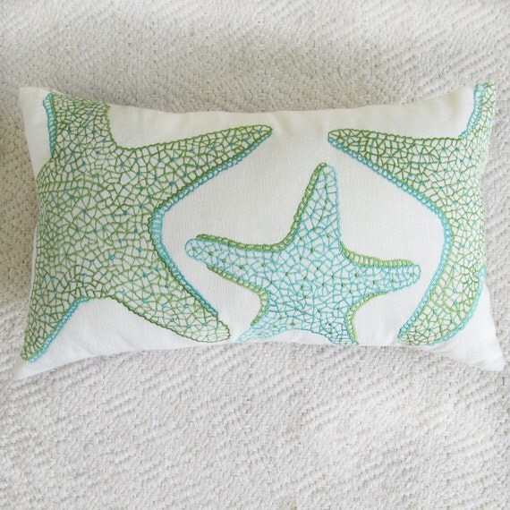 starfish pillow cover in aqua blue and green custom made 12x20 inch sea themed pillow