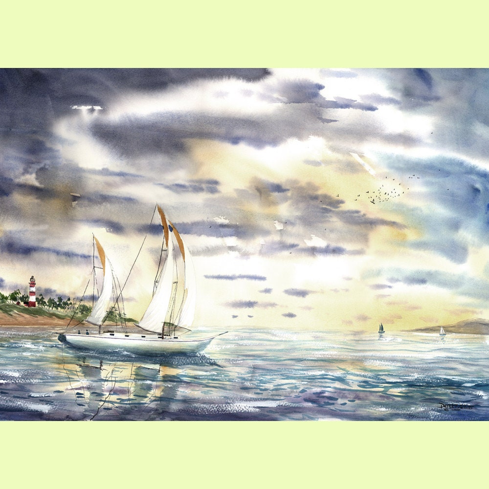 sailboat painting watercolor PRINT seascape at Assateague Lighthouse GICLEE10 x 14