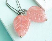 Cherry Quartz  Earrings - Carved Stone Leaves