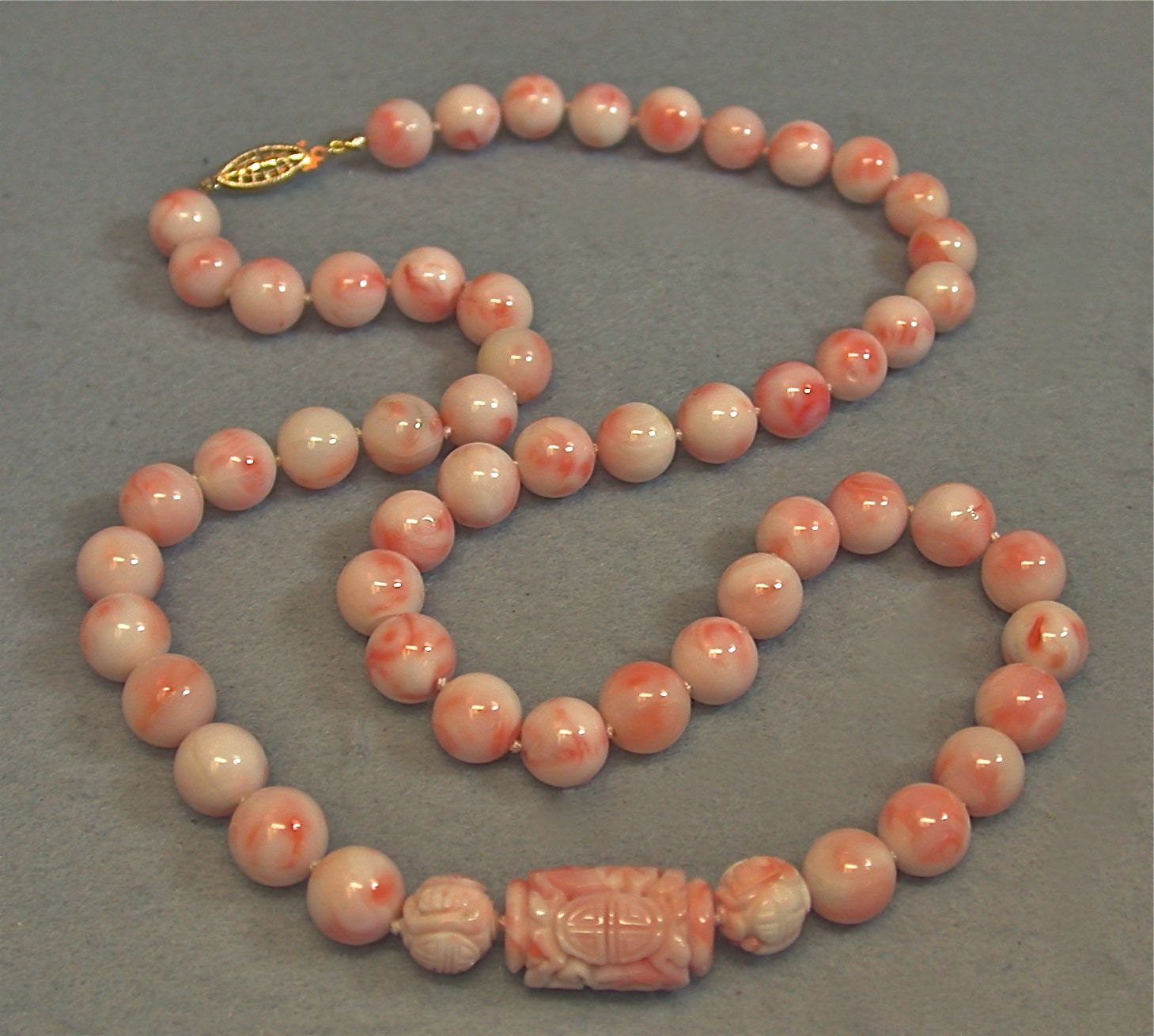 Vintage Chinese Carved Pink Angel Skin Coral Beaded Necklace ,14K Gold