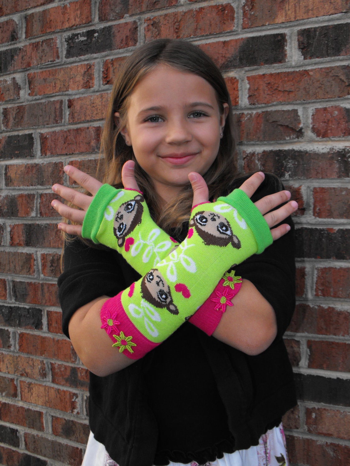 Fingerless gloves, arm warmers for youth and toddler, lime green and pink monkey design, fall and winter fashion, urban youth accessories