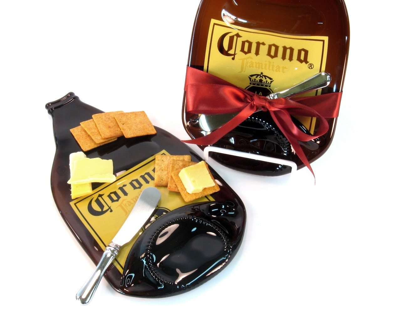 Melted Bottle Cheese Plate Large Brown Corona - Upcycled / Recycled by Mitchell Glassworks