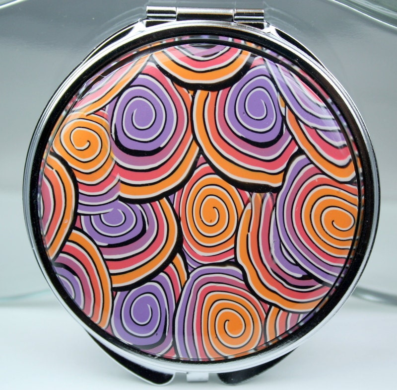 Compact mirror, polymer clay covered, Big spiral cane design, resin coating, double mirror, orange, purple, red