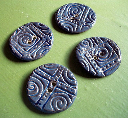 Four Large Round Denim Blue Ceramic Buttons