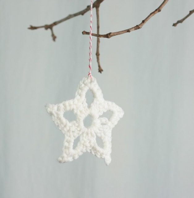 Christmas ornaments, package tie ons, hand crocheted star,  white - ChocolateDogStudio