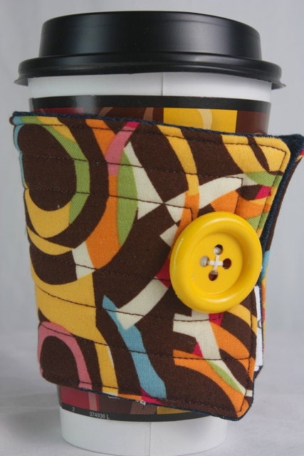 cup sleeve, cup cozy handmade quilted reusable fabric coffee cup sleeve: geometric pinks and browns