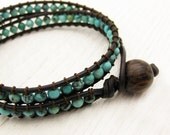 Natural Turquoise Leather Wrap Bracelet w/ Coconut Wood / sky robins egg sleeping beauty aqua teal blue grayed jade  /  unisex bohemian
