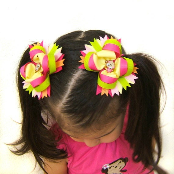 Girly Monkey Hair Bow, Monkey Boutique Bow, 3" Stacked Bow, Spikes, Citrus, Hot Pink, Back to School, Speak No Evil