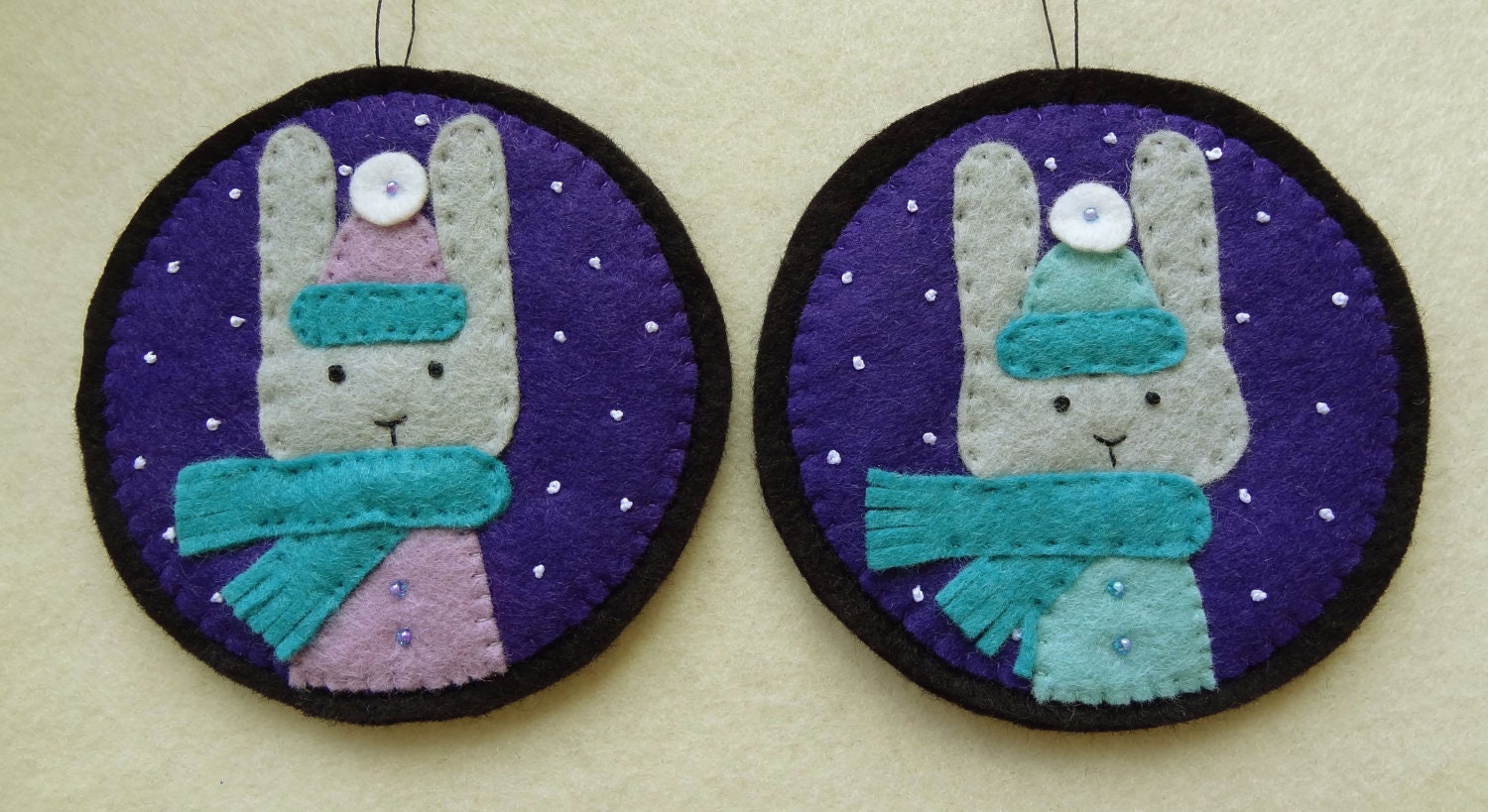 Set of 2 Shelly and Holly the Bunnies Wool Blend Felt Ornaments