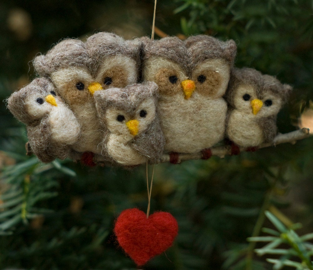 Needle Felted Owl Ornament - Family of Five