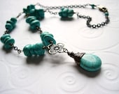 Turquoise Howlite Gemstone and Antique Brass Necklace, Flower Briolette Pendant, Wire Wrapped, Chain, Station, Green, Brown, Y Necklace