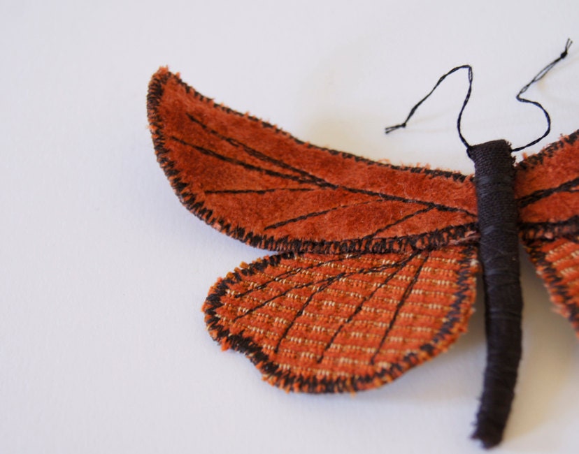 Soft Sculpture Furry Autumn Moth Brooch Burnt Orange