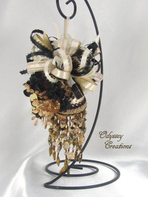 Ebony, Ivory and Gold Victorian Beaded Ornament with Swarovksi Crystals
