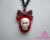 Red Bling Bow 3D Skull Necklace with Swarovski Rhinestones