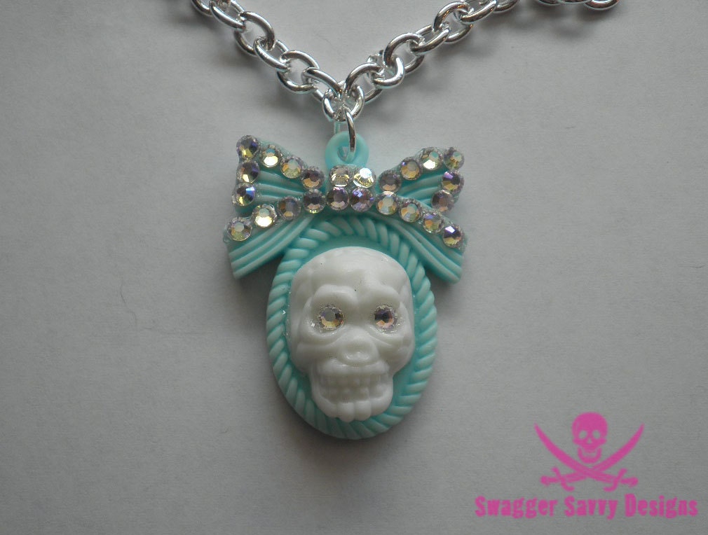Turquoise Bling Bow 3D Skull Necklace with Swarovski Rhinestones