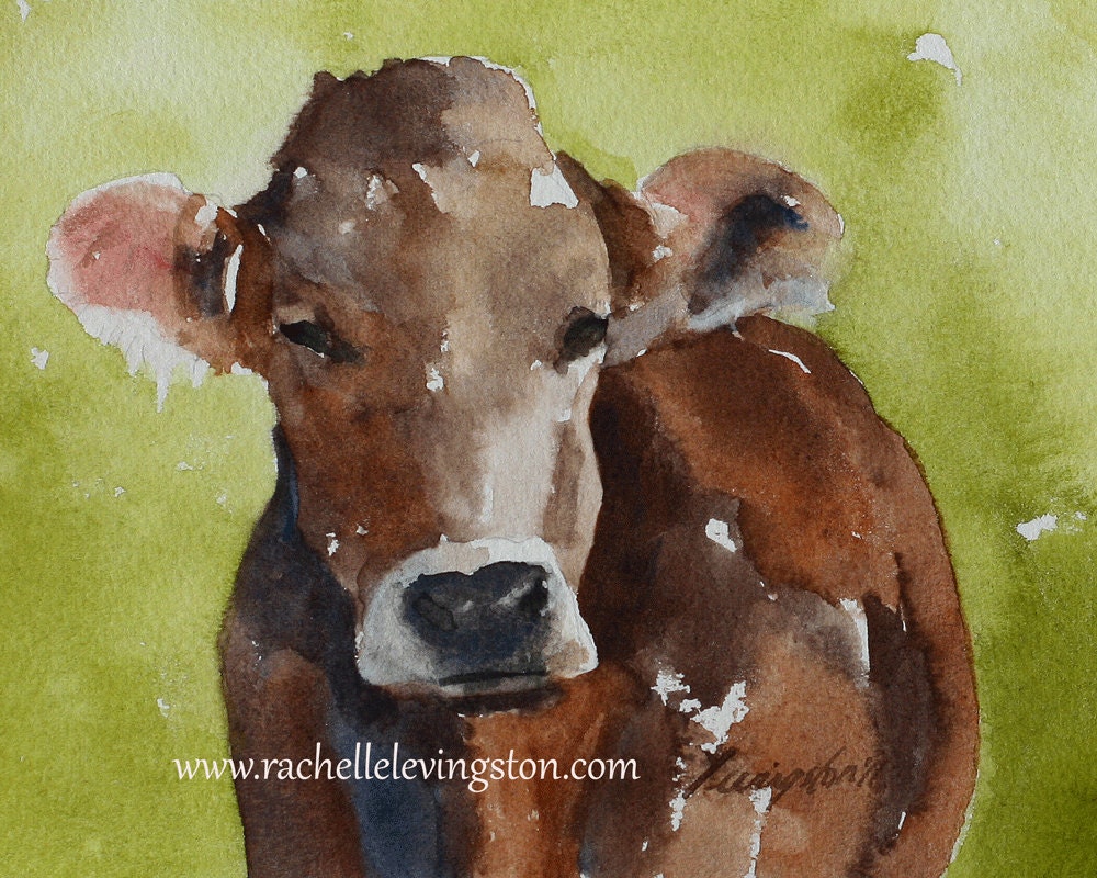 Large COW Print in Green boy room decor boy wall art nursery decor Watercolor cow art PRINT 11x14 from original cow painting farm brown