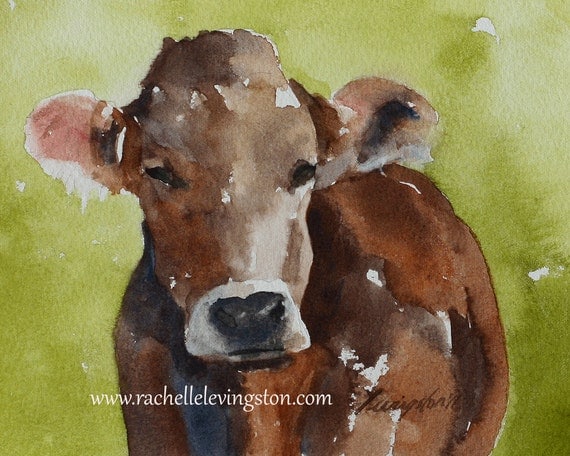 Large COW Print in Green boy room decor boy wall art nursery decor Watercolor cow art PRINT 11x14 from original cow painting farm brown