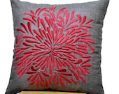 Red Chrysant Pillow Cover, Decorative Throw Pillow Cover, Ash Grey Linen Pillow Red Chrysant, Grey Cushion Cover , Pillow Case 18 x 18