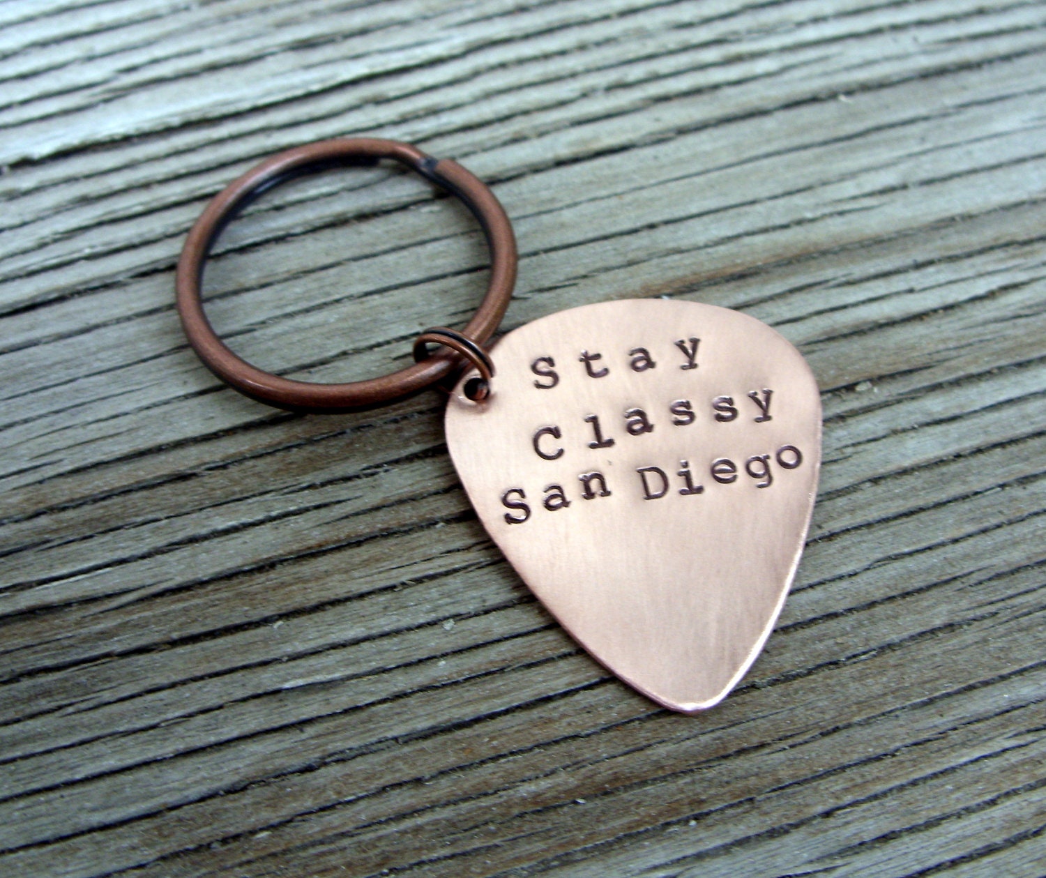Hand stamped copper guitar pick key chain- great custom gift