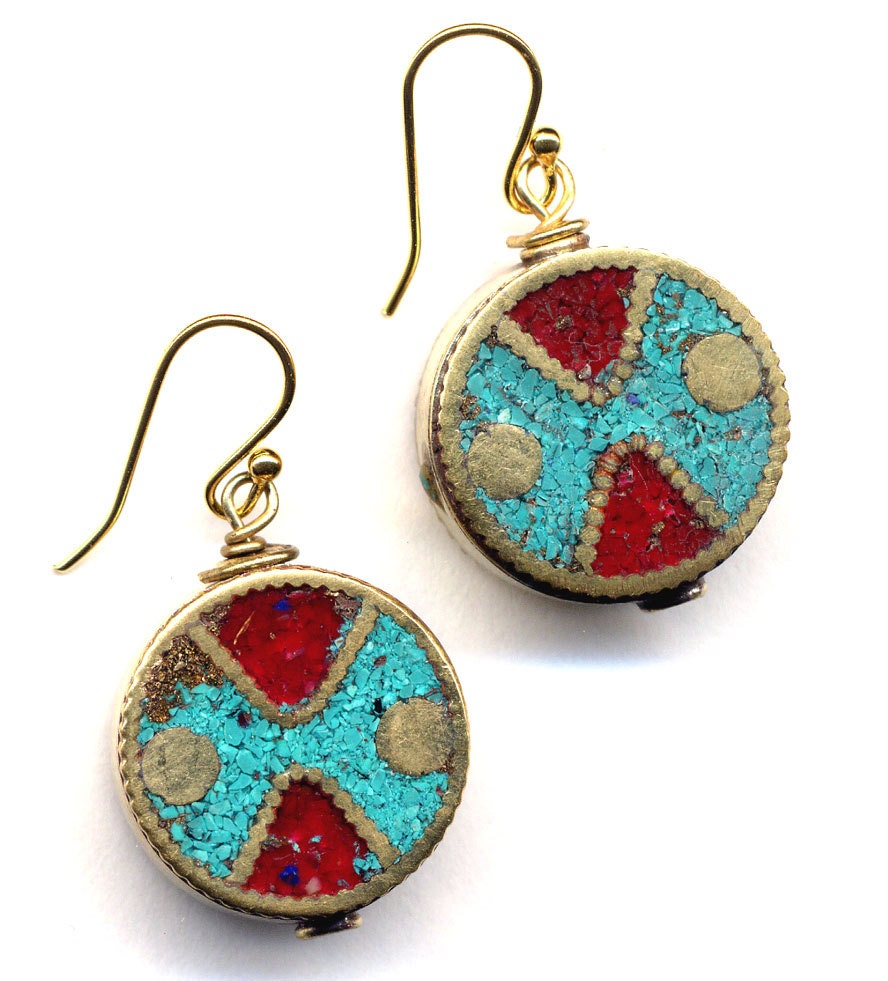 Nepal Earrings, Tibet Turquoise and Coral Earrings, Tibet Beads on 18K Gold Filled Wire,  Nepal Jewelry by AnnaArt72