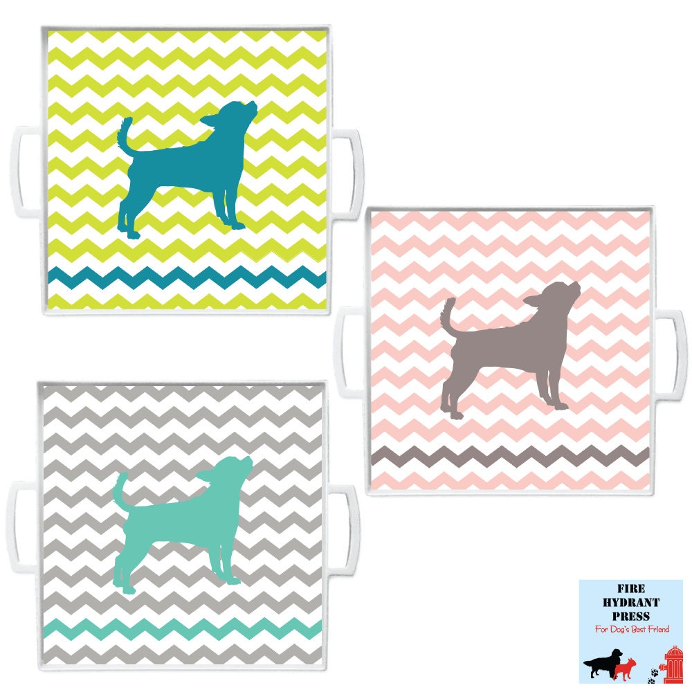 Personalized Dog Silhouette Chevron Serving Tray 12 x 12 inch With Handles