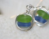 cornflower blue and lime green  beach sea glass 925 sterling silver wire wrapped dangling earrings