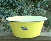 Vintage Beco Enamel Graniteware Wash Basin by Bellaire: Lemon Yellow w/ Black Rim & White Interior, Orig Label - Shabby Glam