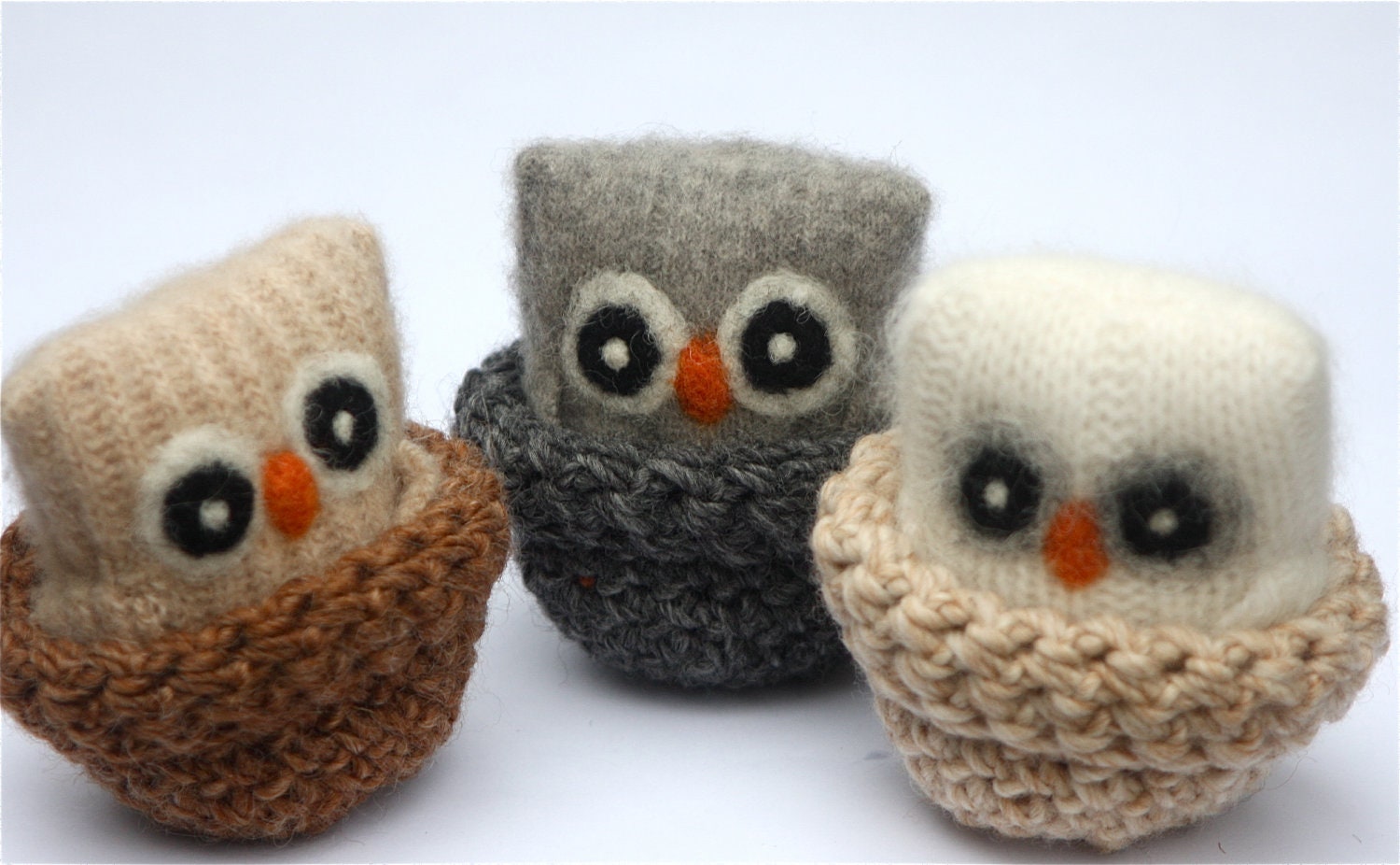 Adopt all three Baby Owls ... angora eco wool felt owls nests brown white gray (woolcrazy)