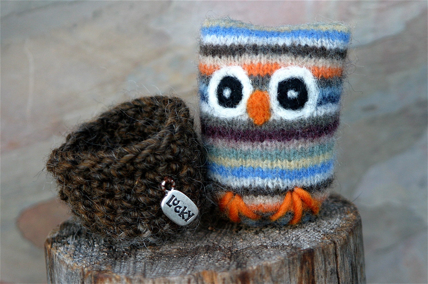 Little Lucky Owl recycled felted striped wool plushie needle felt crocheted nest kids toy (woolcrazy)