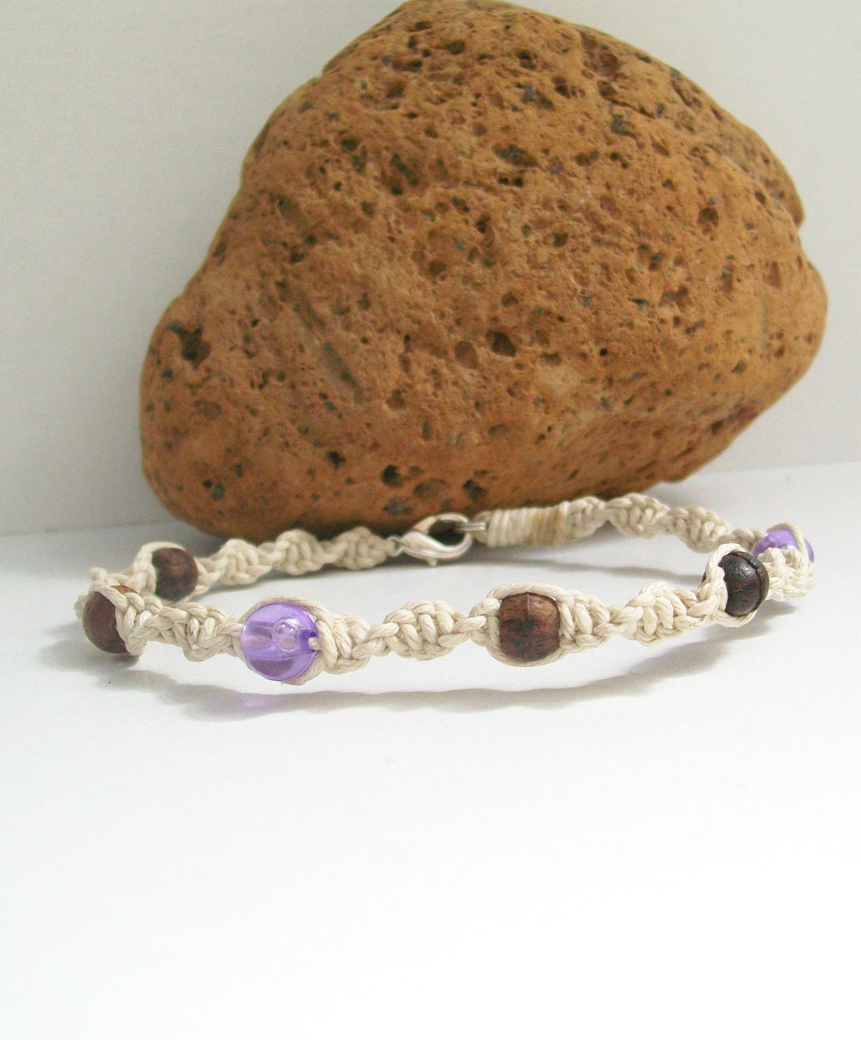 Macrame Hemp Twister Bracelet with Dark Brown and Shiney Purple Beads