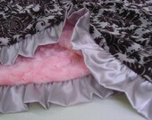 Pink, Gray, Black Damask Minky Baby Blanket Personalized - Rose Swirl