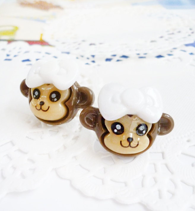 Clay Earrings - Smiling Little Monkeys with White Bows - LAST PAIR -