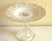 Small Pedestal Dish Upcycled Vintage White with 22K Gold Details Saucer