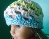 Crocheted Beanie - White, Blue, Green - fits American Girl and Bitty Baby