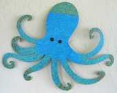 Metal art sculpture Octopus - Otis - Turquoise upcycled metal wall ocean decor