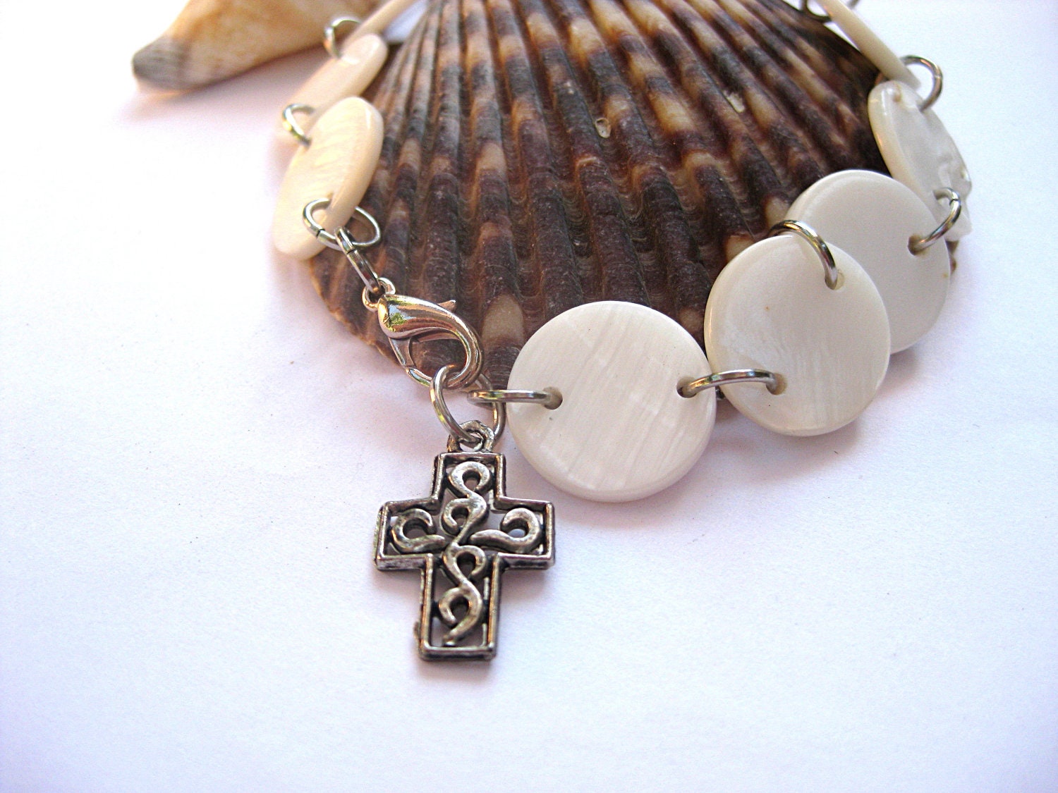 Cross bracelet, mother of pearl, Christian jewelry