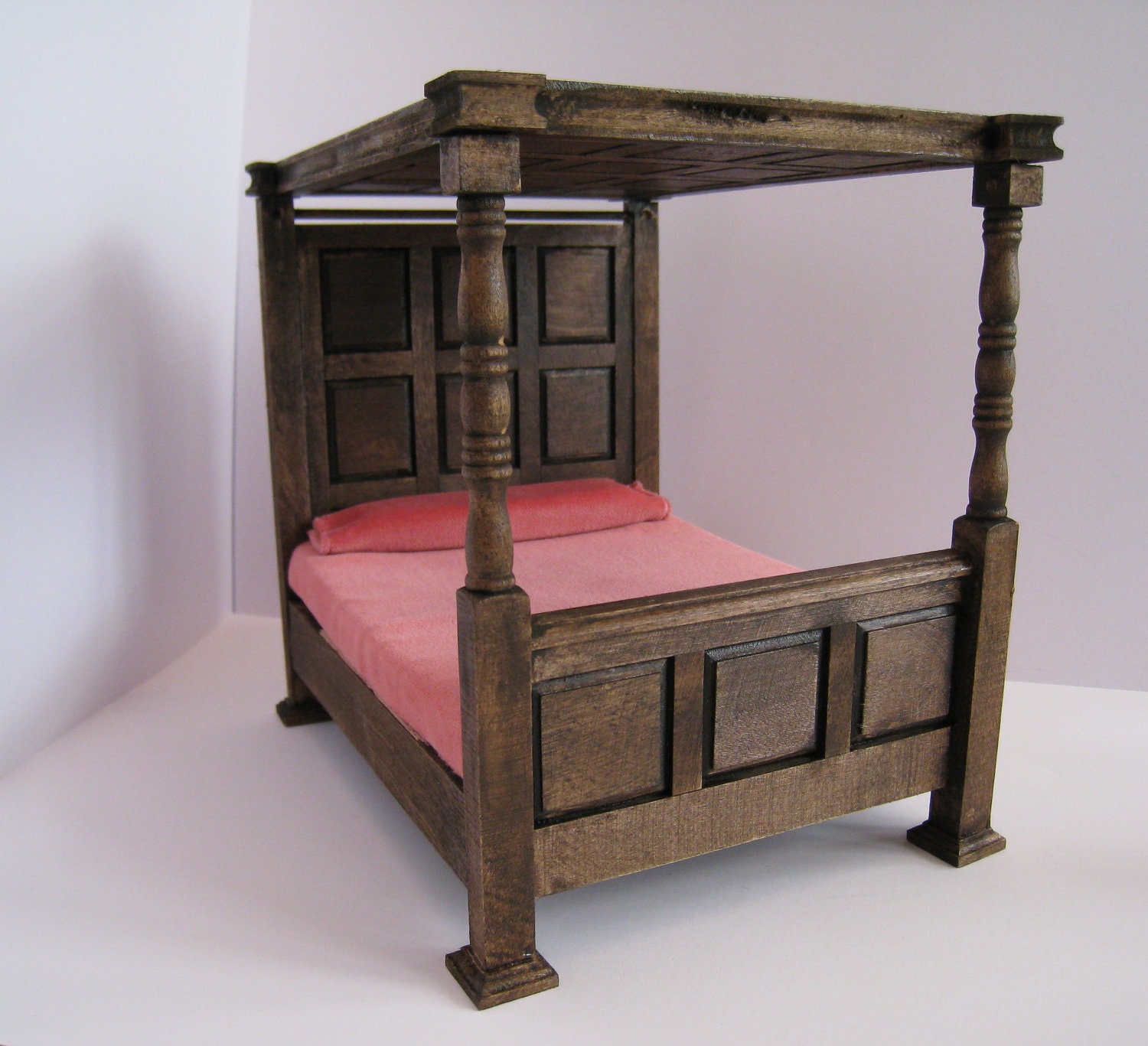 Bed, double,Tudor Canopy , undressed a dollhouse miniature in twelfth scale