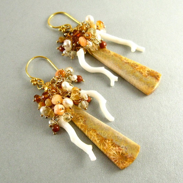 Fossil Coral, Pearl, Jasper, Citrine and White Branch Coral Earrings