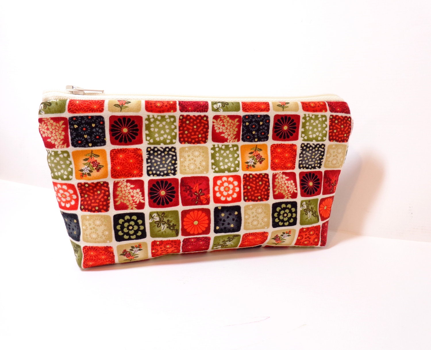 Medium Cotton Zipper Pouch - Floral Sampler in Mini Squares