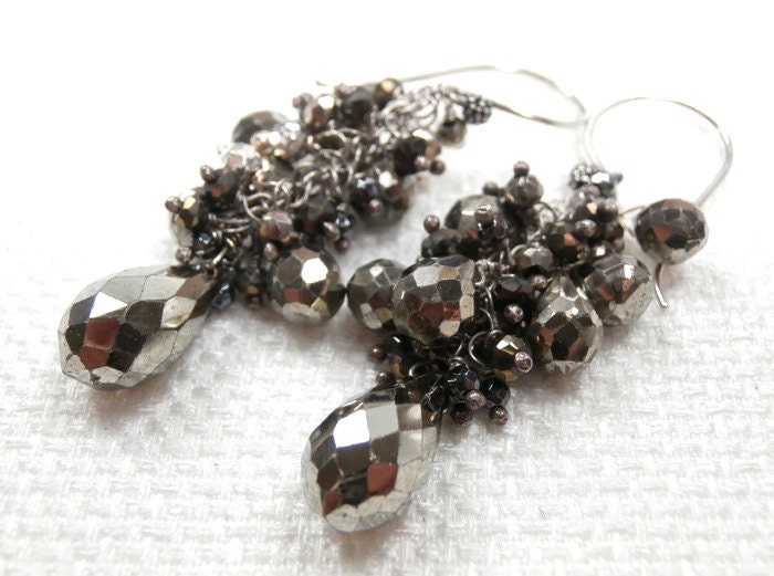 Pyrite Earrings Handmade Wire Wrapped Cluster Dangle Earrings Oxidized Sterling Silver - Rene