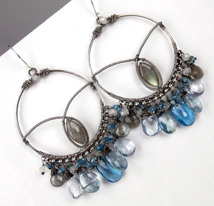 London Blue Topaz Large Hoop Earrings Oxidized Silver Coiled Wire Wrapped Blue Gemstone  Luxury Fashion