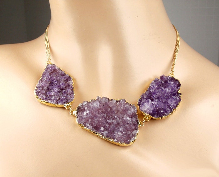 Purple Druzy Necklace Amethyst Crystal Geode Large Crystal Slice Statement Necklace Lavender Gold Luxury Fall Fashion