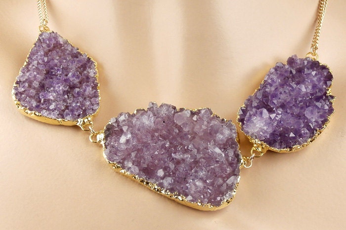 Purple Druzy Necklace Amethyst Crystal Geode Large Crystal Slice Statement Necklace Lavender Gold Luxury Fall Fashion