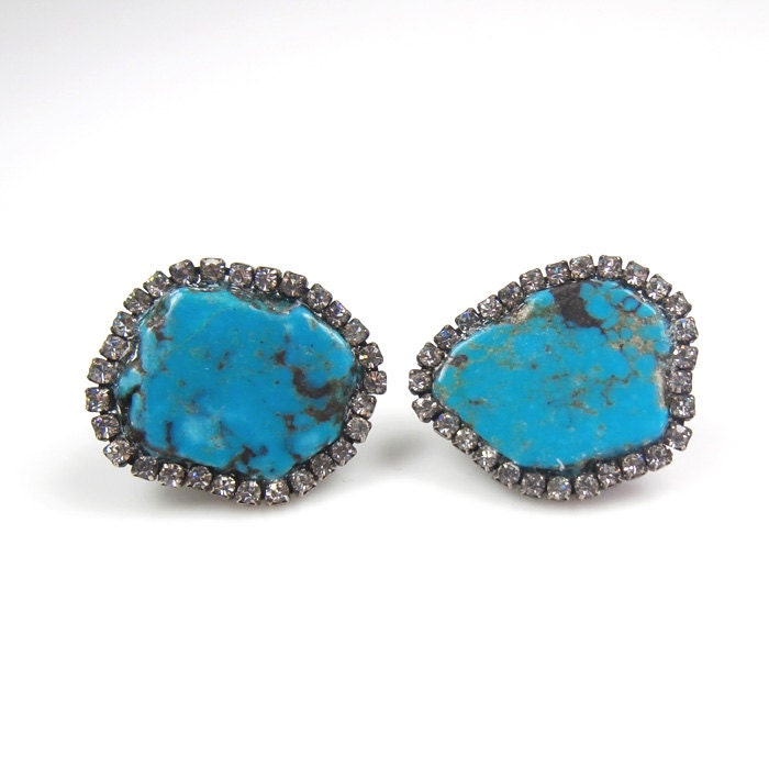 Turquoise Earrings Gemstone Diamond Bezel Style Earrings Slice Swarovski Crystal Statement Post or Clip On Earrings - Chat Noire